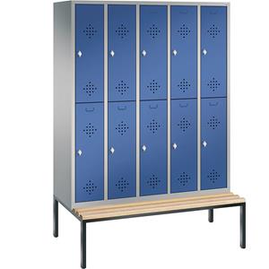 C+P CLASSIC Garderobenschrank mit untergebauter Sitzbank, doppelstöckig, 5 Abteile, je 2 Fächer, Abteilbreite 300 mm, weißaluminium / enzianblau