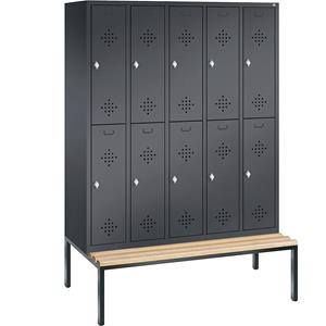 C+P CLASSIC Garderobenschrank mit untergebauter Sitzbank, doppelstöckig, 5 Abteile, je 2 Fächer, Abteilbreite 300 mm, schwarzgrau