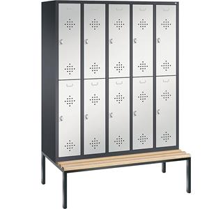 C+P CLASSIC Garderobenschrank mit untergebauter Sitzbank, doppelstöckig, 5 Abteile, je 2 Fächer, Abteilbreite 300 mm, schwarzgrau / lichtgrau