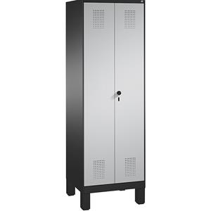 C+P EVOLO Garderobenschrank, zueinander schlagende Türen, 2 Abteile, Abteilbreite 300 mm, mit Füßen, schwarzgrau / weißaluminium