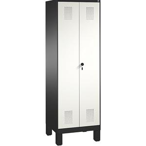C+P EVOLO Garderobenschrank, zueinander schlagende Türen, 2 Abteile, Abteilbreite 300 mm, mit Füßen, schwarzgrau / verkehrsweiß