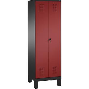 C+P EVOLO Garderobenschrank, zueinander schlagende Türen, 2 Abteile, Abteilbreite 300 mm, mit Füßen, schwarzgrau / rubinrot