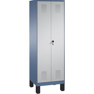 C+P EVOLO Garderobenschrank, zueinander schlagende Türen, 2 Abteile, Abteilbreite 300 mm, mit Füßen, fernblau / weißaluminium