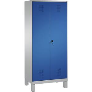 C+P EVOLO Garderobenschrank, zueinander schlagende Türen, 2 Abteile, Abteilbreite 400 mm, mit Füßen, weißaluminium / enzianblau
