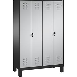 C+P EVOLO Garderobenschrank, zueinander schlagende Türen, 4 Abteile, Abteilbreite 300 mm, mit Füßen, schwarzgrau / weißaluminium