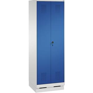 C+P EVOLO Garderobenschrank, zueinander schlagende Türen, 2 Abteile, Abteilbreite 300 mm, mit Sockel, lichtgrau / enzianblau