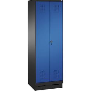 C+P EVOLO Garderobenschrank, zueinander schlagende Türen, 2 Abteile, Abteilbreite 300 mm, mit Sockel, schwarzgrau / enzianblau