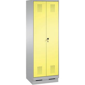 C+P EVOLO Garderobenschrank, zueinander schlagende Türen, 2 Abteile, Abteilbreite 300 mm, mit Sockel, weißaluminium / schwefelgelb
