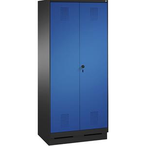 C+P EVOLO Garderobenschrank, zueinander schlagende Türen, 2 Abteile, Abteilbreite 400 mm, mit Sockel, schwarzgrau / enzianblau