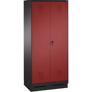 C+P EVOLO Garderobenschrank, zueinander schlagende Türen, 2 Abteile, Abteilbreite 400 mm, mit Sockel, schwarzgrau / rubinrot