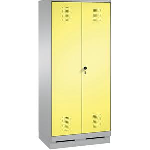 C+P EVOLO Garderobenschrank, zueinander schlagende Türen, 2 Abteile, Abteilbreite 400 mm, mit Sockel, weißaluminium / schwefelgelb