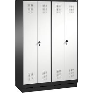 C+P EVOLO Garderobenschrank, zueinander schlagende Türen, 4 Abteile, Abteilbreite 300 mm, mit Sockel, schwarzgrau / lichtgrau
