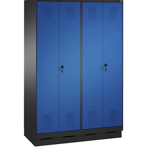 C+P EVOLO Garderobenschrank, zueinander schlagende Türen, 4 Abteile, Abteilbreite 300 mm, mit Sockel, schwarzgrau / enzianblau