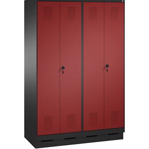 C+P EVOLO Garderobenschrank, zueinander schlagende Türen, 4 Abteile, Abteilbreite 300 mm, mit Sockel, schwarzgrau / rubinrot