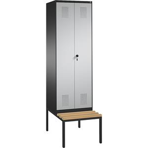 C+P EVOLO garderobekast, met naar elkaar toe slaande deuren en zitbank, 2 afdelingen, afdelingbreedte 300 mm, zwartgrijs / blank aluminiumkleurig