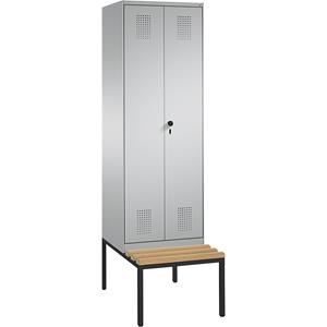 C+P EVOLO garderobekast, met naar elkaar toe slaande deuren en zitbank, 2 afdelingen, afdelingbreedte 300 mm, blank aluminiumkleurig / blank aluminiumkleurig