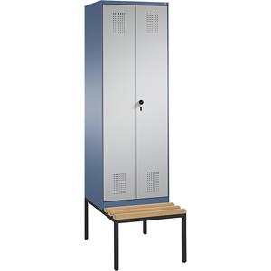 C+P EVOLO Garderobenschrank, zueinander schlagende Türen, mit Sitzbank, 2 Abteile, Abteilbreite 300 mm, fernblau / weißaluminium