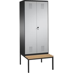 C+P EVOLO Garderobenschrank, zueinander schlagende Türen, mit Sitzbank, 2 Abteile, Abteilbreite 400 mm, schwarzgrau / weißaluminium