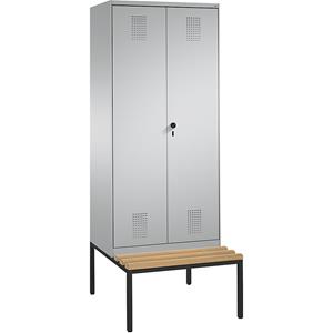 C+P EVOLO garderobekast, met naar elkaar toe slaande deuren en zitbank, 2 afdelingen, afdelingbreedte 400 mm, blank aluminiumkleurig / blank aluminiumkleurig