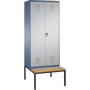 C+P EVOLO Garderobenschrank, zueinander schlagende Türen, mit Sitzbank, 2 Abteile, Abteilbreite 400 mm, fernblau / weißaluminium