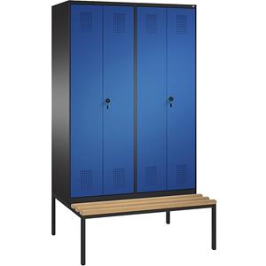C+P EVOLO garderobekast, met naar elkaar toe slaande deuren en zitbank, 4 afdelingen, afdelingbreedte 300 mm, zwartgrijs/gentiaanblauw