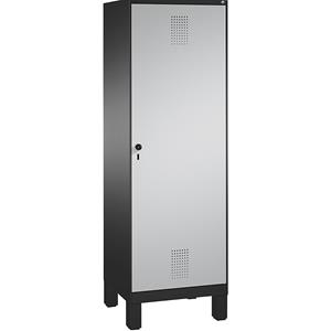 C+P EVOLO garderobekast, deur over 2 afdelingen, met poten, 2 afdelingen, 1 deur, afdelingbreedte 300 mm, zwartgrijs / blank aluminiumkleurig