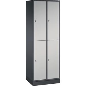 C+P INTRO doppelstöckiger Stahl-Garderobenschrank, BxT 620 x 500 mm, 4 Fächer, Korpus schwarzgrau, Türen weißaluminium