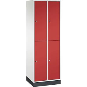 C+P INTRO doppelstöckiger Stahl-Garderobenschrank, BxT 620 x 500 mm, 4 Fächer, Korpus reinweiß, Türen feuerrot