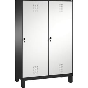 C+P EVOLO Garderobenschrank, Tür über 2 Abteile, mit Füßen, 4 Abteile, 2 Türen, Abteilbreite 300 mm, schwarzgrau / lichtgrau