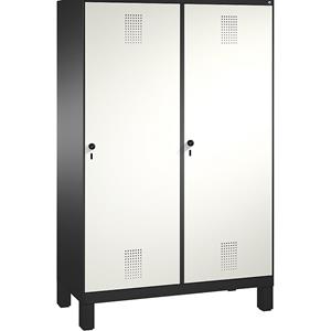 C+P EVOLO Garderobenschrank, Tür über 2 Abteile, mit Füßen, 4 Abteile, 2 Türen, Abteilbreite 300 mm, schwarzgrau / verkehrsweiß