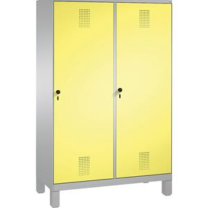 C+P EVOLO garderobekast, deur over 2 afdelingen, met poten, 4 afdelingen, 2 deuren, afdelingbreedte 300 mm, blank aluminiumkleurig / zwavelgeel