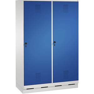 C+P EVOLO Garderobenschrank, Tür über 2 Abteile, mit Sockel, 4 Abteile, 2 Türen, Abteilbreite 300 mm, lichtgrau / enzianblau
