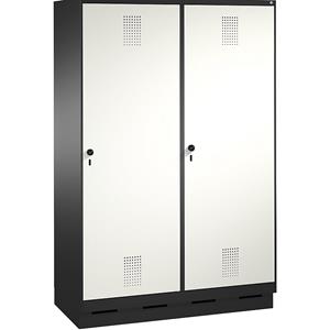 C+P EVOLO Garderobenschrank, Tür über 2 Abteile, mit Sockel, 4 Abteile, 2 Türen, Abteilbreite 300 mm, schwarzgrau / verkehrsweiß
