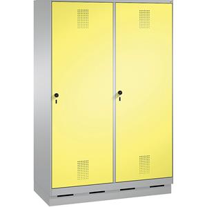 C+P EVOLO Garderobenschrank, Tür über 2 Abteile, mit Sockel, 4 Abteile, 2 Türen, Abteilbreite 300 mm, weißaluminium / schwefelgelb