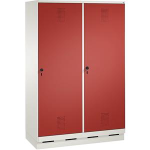 C+P EVOLO Garderobenschrank, Tür über 2 Abteile, mit Sockel, 4 Abteile, 2 Türen, Abteilbreite 300 mm, verkehrsweiß / feuerrot
