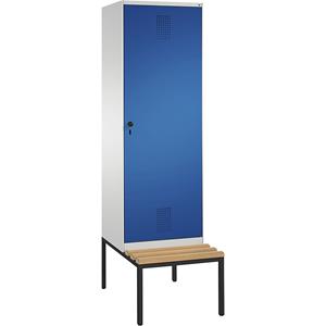 C+P EVOLO Garderobenschrank, mit Sitzbank, Tür über 2 Abteile, 2 Abteile, 1 Tür, Abteilbreite 300 mm, lichtgrau / enzianblau