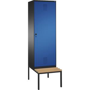 C+P EVOLO garderobekast, met zitbank, deur over 2 afdelingen, 2 afdelingen, 1 deur, afdelingbreedte 300 mm, zwartgrijs/gentiaanblauw