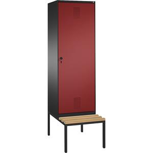 C+P EVOLO Garderobenschrank, mit Sitzbank, Tür über 2 Abteile, 2 Abteile, 1 Tür, Abteilbreite 300 mm, schwarzgrau / rubinrot