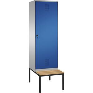 C+P EVOLO garderobekast, met zitbank, deur over 2 afdelingen, 2 afdelingen, 1 deur, afdelingbreedte 300 mm, blank aluminiumkleurig / gentiaanblauw