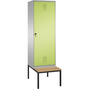 C+P EVOLO garderobekast, met zitbank, deur over 2 afdelingen, 2 afdelingen, 1 deur, afdelingbreedte 300 mm, blank aluminiumkleurig / felgroen