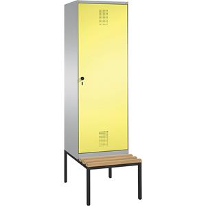 C+P EVOLO garderobekast, met zitbank, deur over 2 afdelingen, 2 afdelingen, 1 deur, afdelingbreedte 300 mm, blank aluminiumkleurig / zwavelgeel