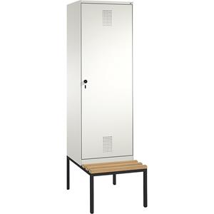 C+P EVOLO Garderobenschrank, mit Sitzbank, Tür über 2 Abteile, 2 Abteile, 1 Tür, Abteilbreite 300 mm, reinweiß / reinweiß