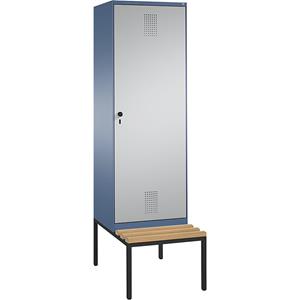 C+P EVOLO garderobekast, met zitbank, deur over 2 afdelingen, 2 afdelingen, 1 deur, afdelingbreedte 300 mm, verblauw / blank aluminiumkleurig