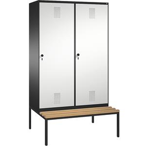 C+P EVOLO garderobekast, met zitbank, deur over 2 afdelingen, 4 afdelingen, 2 deuren, afdelingbreedte 300 mm, zwartgrijs/lichtgrijs