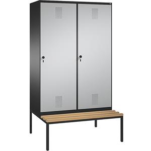 C+P EVOLO garderobekast, met zitbank, deur over 2 afdelingen, 4 afdelingen, 2 deuren, afdelingbreedte 300 mm, zwartgrijs / blank aluminiumkleurig