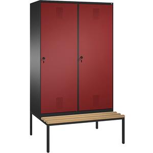 C+P EVOLO garderobekast, met zitbank, deur over 2 afdelingen, 4 afdelingen, 2 deuren, afdelingbreedte 300 mm, zwartgrijs/robijnrood