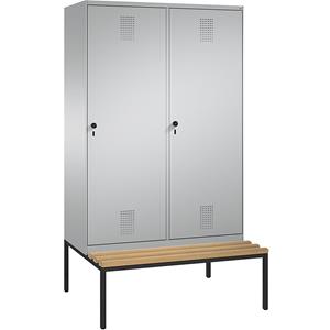 C+P EVOLO garderobekast, met zitbank, deur over 2 afdelingen, 4 afdelingen, 2 deuren, afdelingbreedte 300 mm, blank aluminiumkleurig / blank aluminiumkleurig