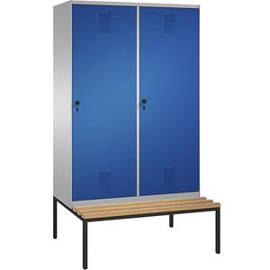 C+P EVOLO garderobekast, met zitbank, deur over 2 afdelingen, 4 afdelingen, 2 deuren, afdelingbreedte 300 mm, blank aluminiumkleurig / gentiaanblauw