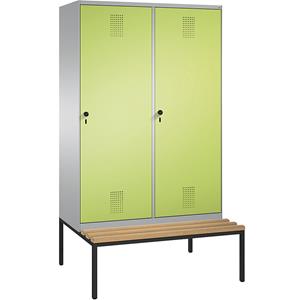 C+P EVOLO garderobekast, met zitbank, deur over 2 afdelingen, 4 afdelingen, 2 deuren, afdelingbreedte 300 mm, blank aluminiumkleurig / felgroen