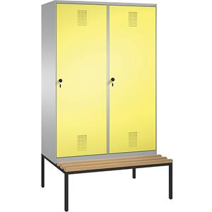 C+P EVOLO garderobekast, met zitbank, deur over 2 afdelingen, 4 afdelingen, 2 deuren, afdelingbreedte 300 mm, blank aluminiumkleurig / zwavelgeel